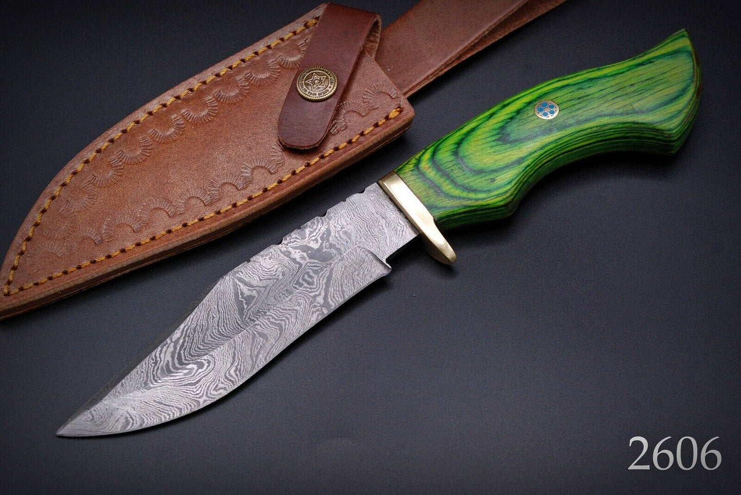 HS-443 | Ten Inch Custom Handmade Damascus Steel Hunting knife - Green Wood Handle