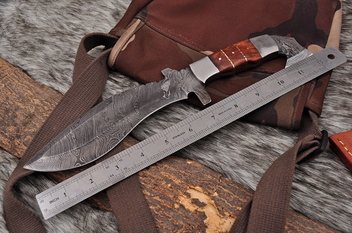 HS-871 Custom Handmade Damascus Steel 12 Inch Kukri Knife - Awesome Hard Wood Handle