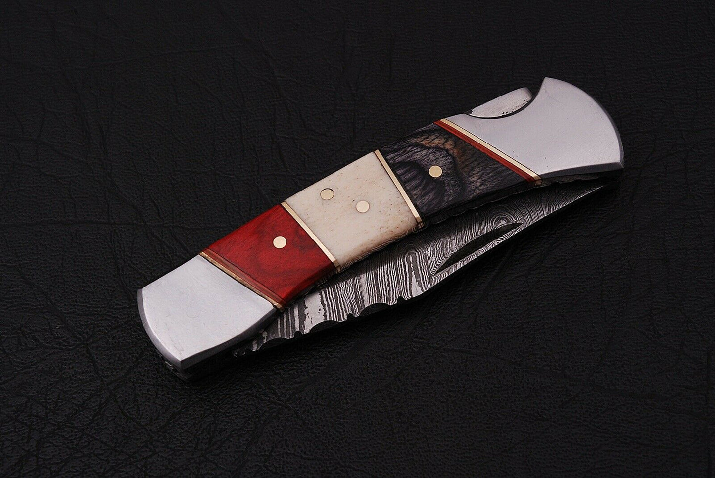 Custom Handmade Damascus Folding-Pocket Knife With Hard Wood & Bone Handle