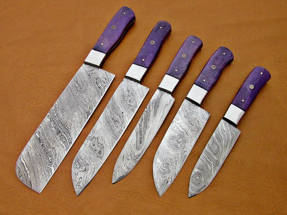HS-194 Custom Handmade Damascus Kitchen Knives With Colour Bone Handle Handle
