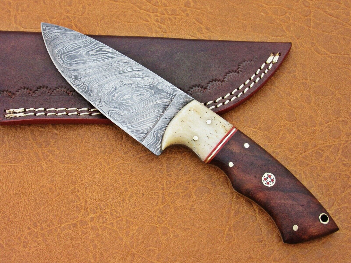 HS-776 Custom Handmade Damascus Skinner Knife With Camel Bone & Wood Handle