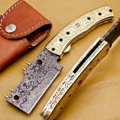 Custom Handmade Damascus Folding-Pocket Knife With Brass Engraved Handle