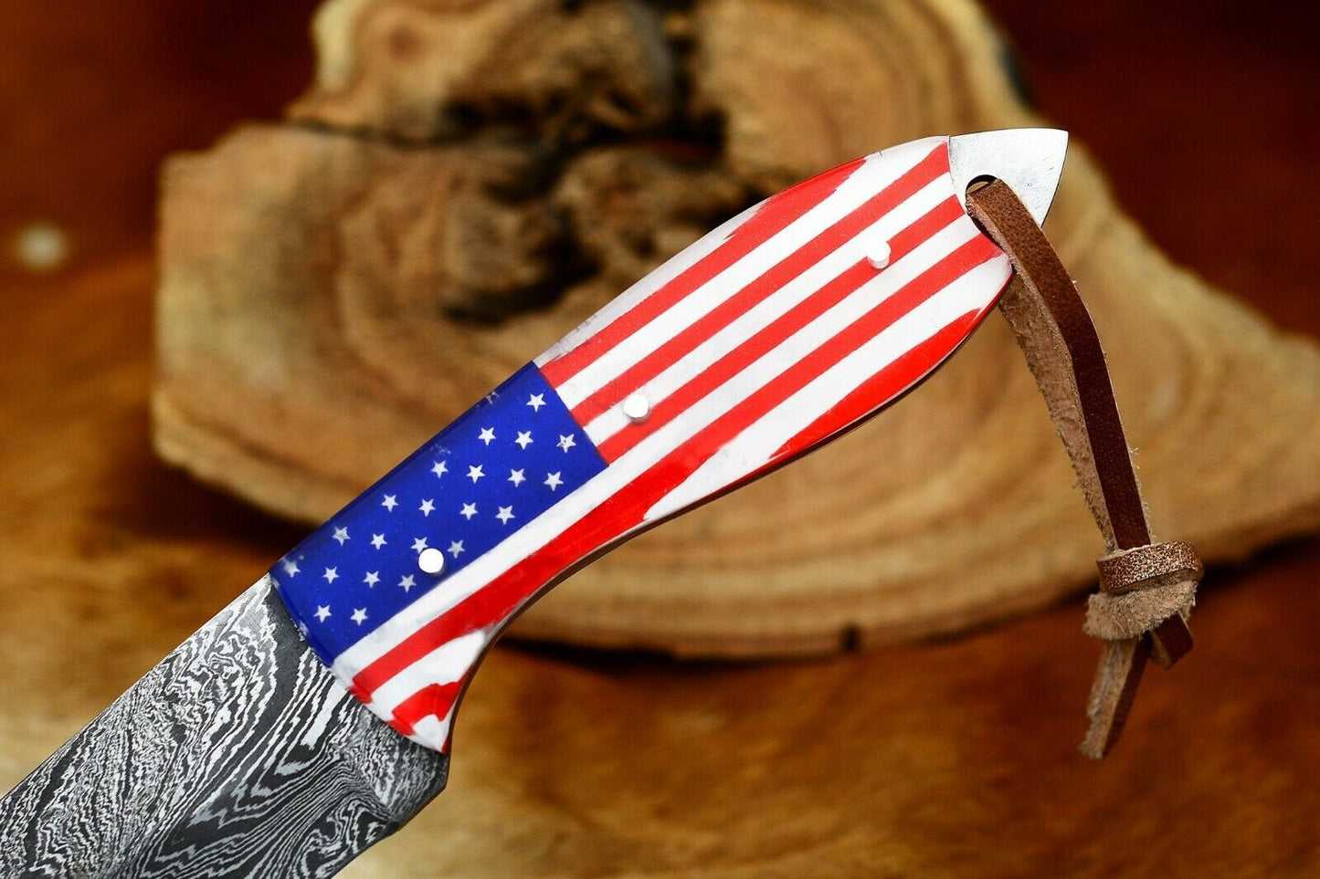 HS-796 Custom Handmade Damascus Skinner Knife With American Flag sheet Handle