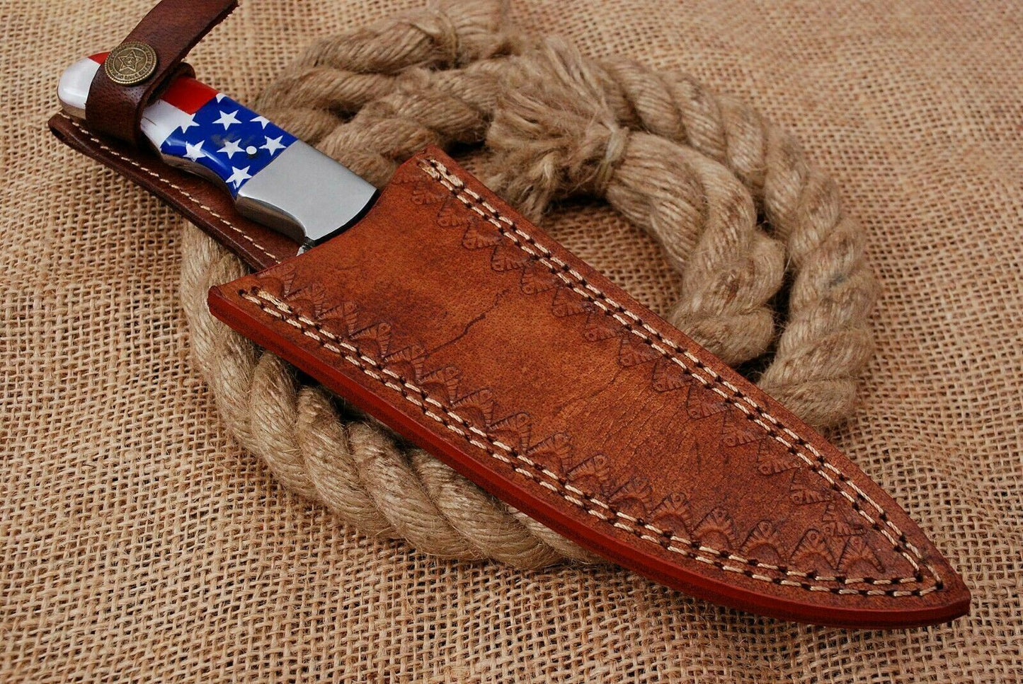 HS-464 10'' Custom Handmade Railroad Steel Hunting Knife With Flag Resin Handle
