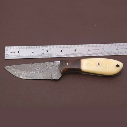 HS-779 Custom Handmade Damascus Skinner Knife With Bone + Wood Handle