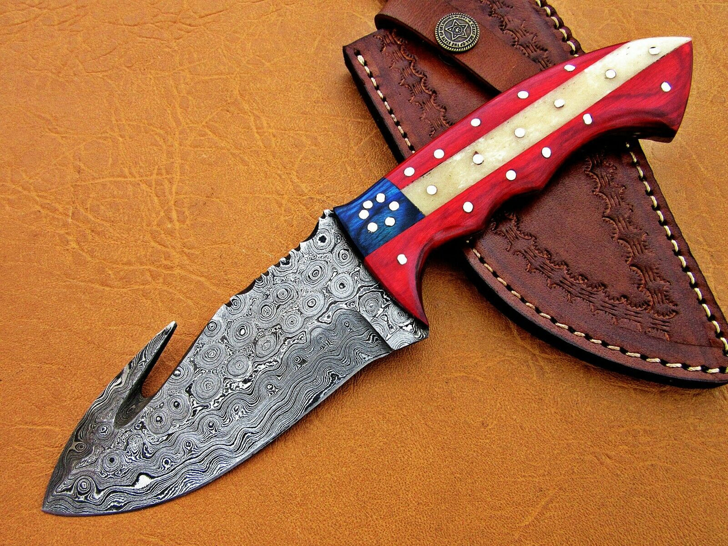 HS-774 Custom Handmade Damascus Skinner Knife With Camel Bone & Hard Wood Handle