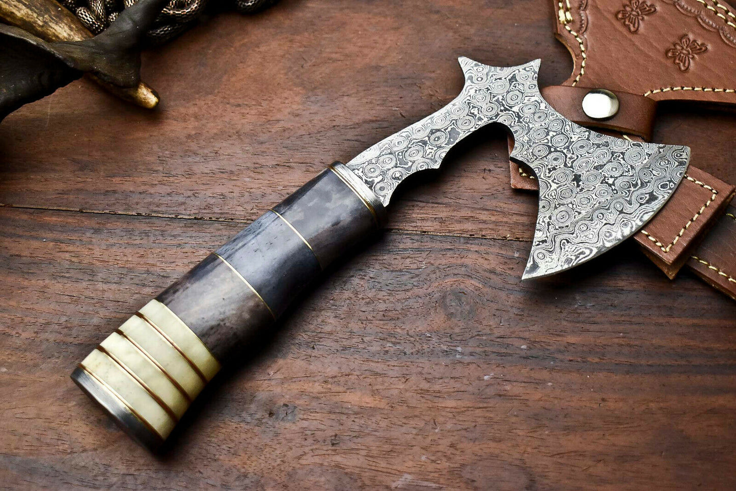HS-1058 | Custom Hand Made Damascus Blade Hunting Hatchet Mini Viking Axe | Camel Bone