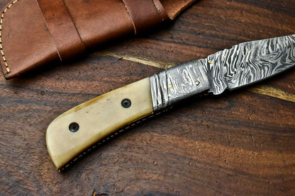 HS-1140 Custom Handmade Damascus Steel Blade Liner-Lock Pocket Folding Knife| CAMEL BONE