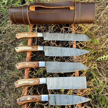 HS-130 '' Hand Forged Damascus Steel Hunting Chef Kitchen Knife Set W/ Sheath