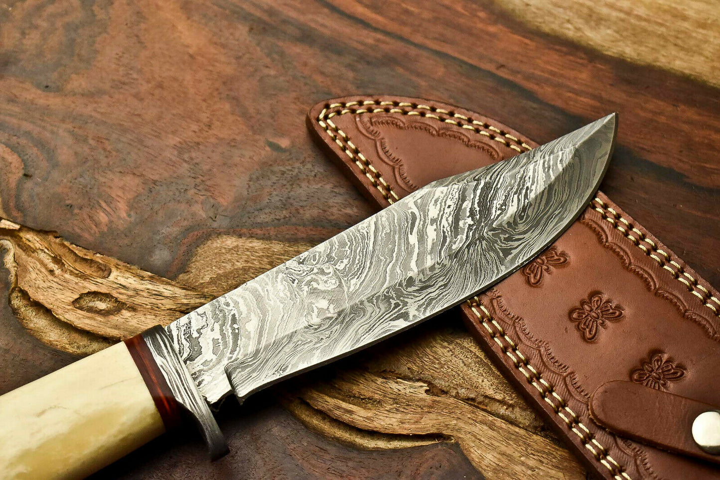 HS-320 Custom Hand Made Damascus Steel Blade Bowie Hunting Knife | CAMEL BONE