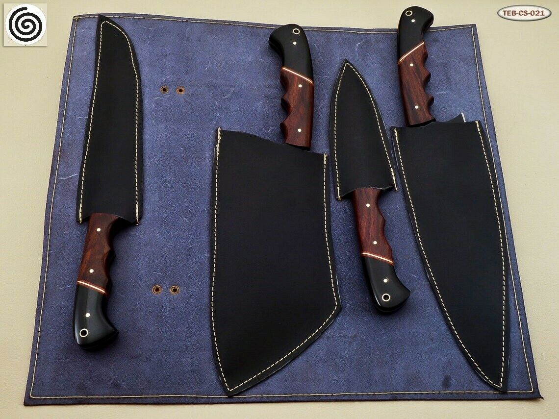 HS-140  Custom Handmade D2-Tool Steel 4 Pc's Chef Set Powder Coated with Leather Sheath