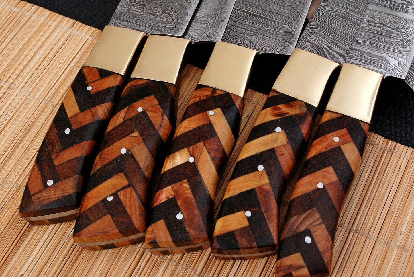 HS-199 Custom Handmade Damascus Chef-Kitchen Knives Five Pieces Set With Wood Handle