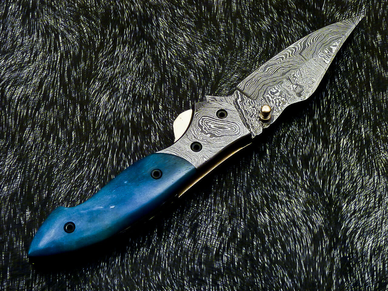 Damascus Liner Lock Pocket Knife – Camel Bone & Damascus Bolster | HS-1122