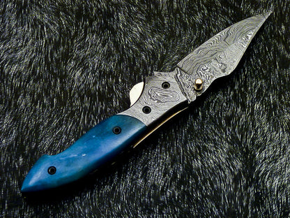 Damascus Liner Lock Pocket Knife – Camel Bone & Damascus Bolster | HS-1122