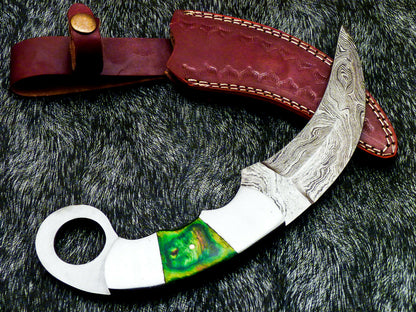 HS-892 Custom Hand Forged Damascus Steel 10" Karambit Knife - Hard Wood Handle