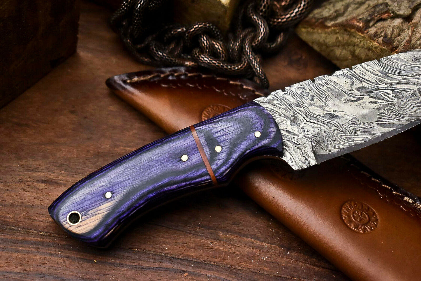 HS-704 Custom Handmade Damascus Steel Skinner Knife - Beautiful Wood Handle