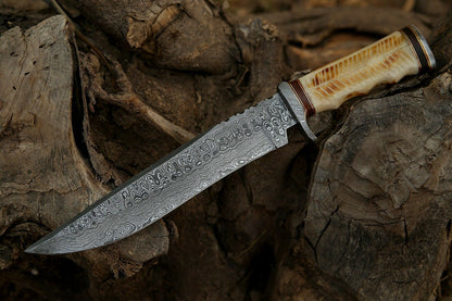 HS-303 15'' Hand Forged Bowie Knife, Beautiful Bone Handle, Damascus knife with sheath