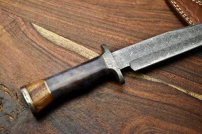 HS-314 Custom Hand Made Damascus Steel Blade Bowie Hunting Knife | CAMEL BONE