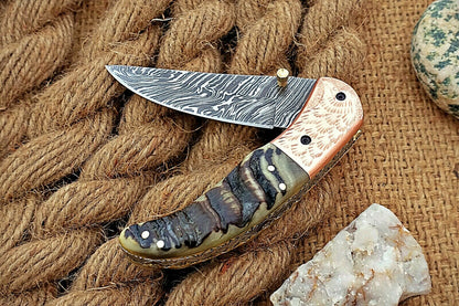 Custom Handmade Damascus Folding-Pocket Knife With Blue Ram Horn+Engraved Handle