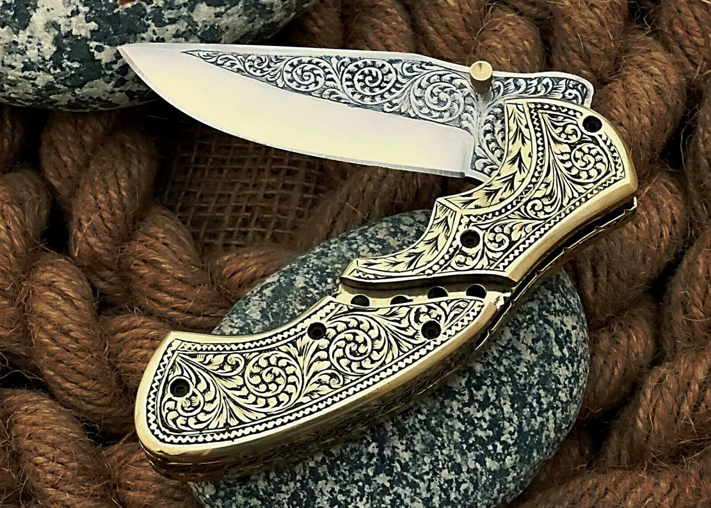 Custom Hand Engraved Folding-Pocket Knife Life Time Used With Brass Engraved Handle