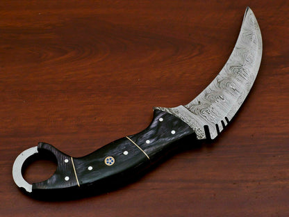 HS-889 HANDMADE DAMASCUS CUSTOM PAKKA WOOD KARAMBIT HUNTING KNIFE