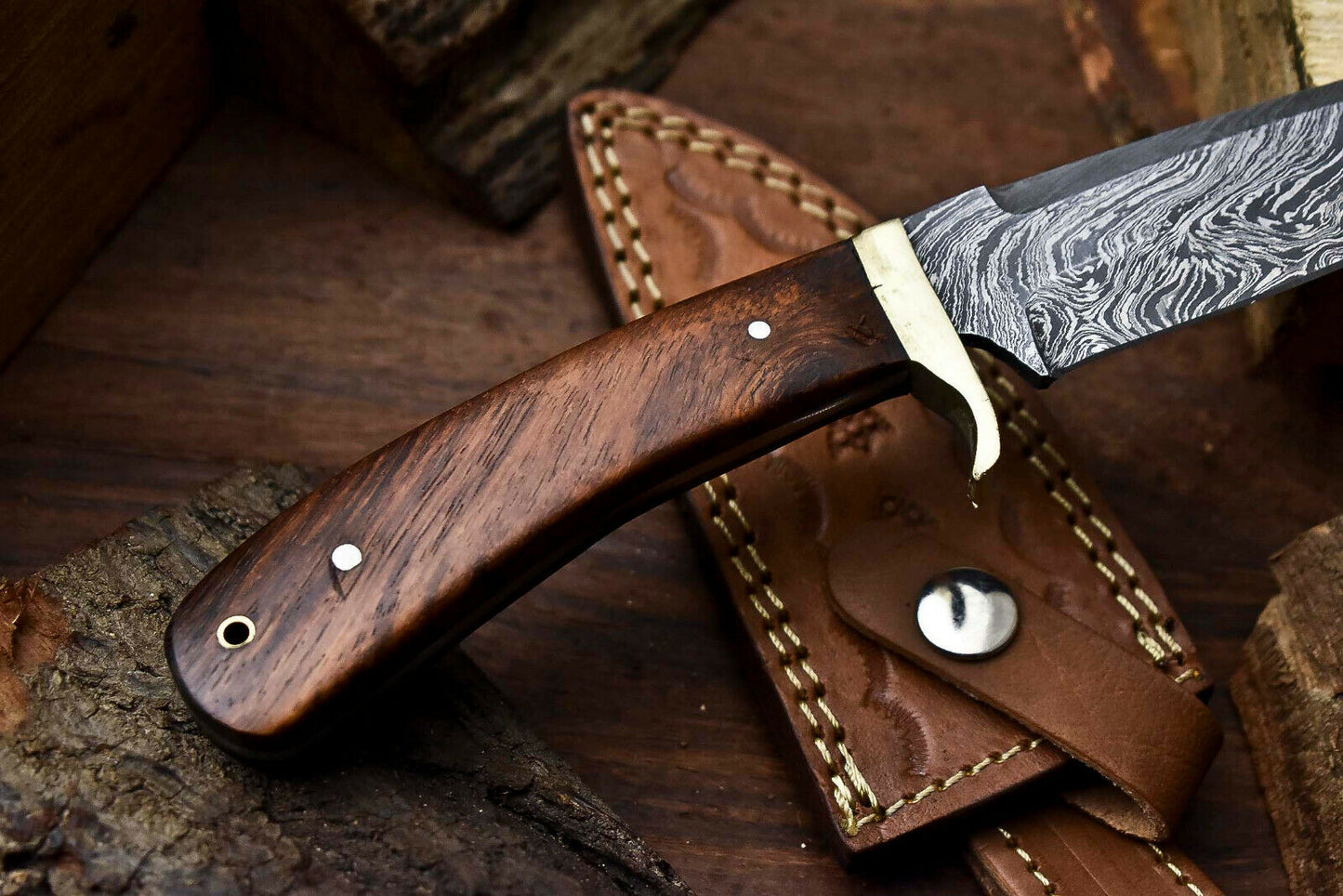HS-400 | Custom Handmade Damascus Steel Hunting Camping Knife - Beautiful Wood Handle