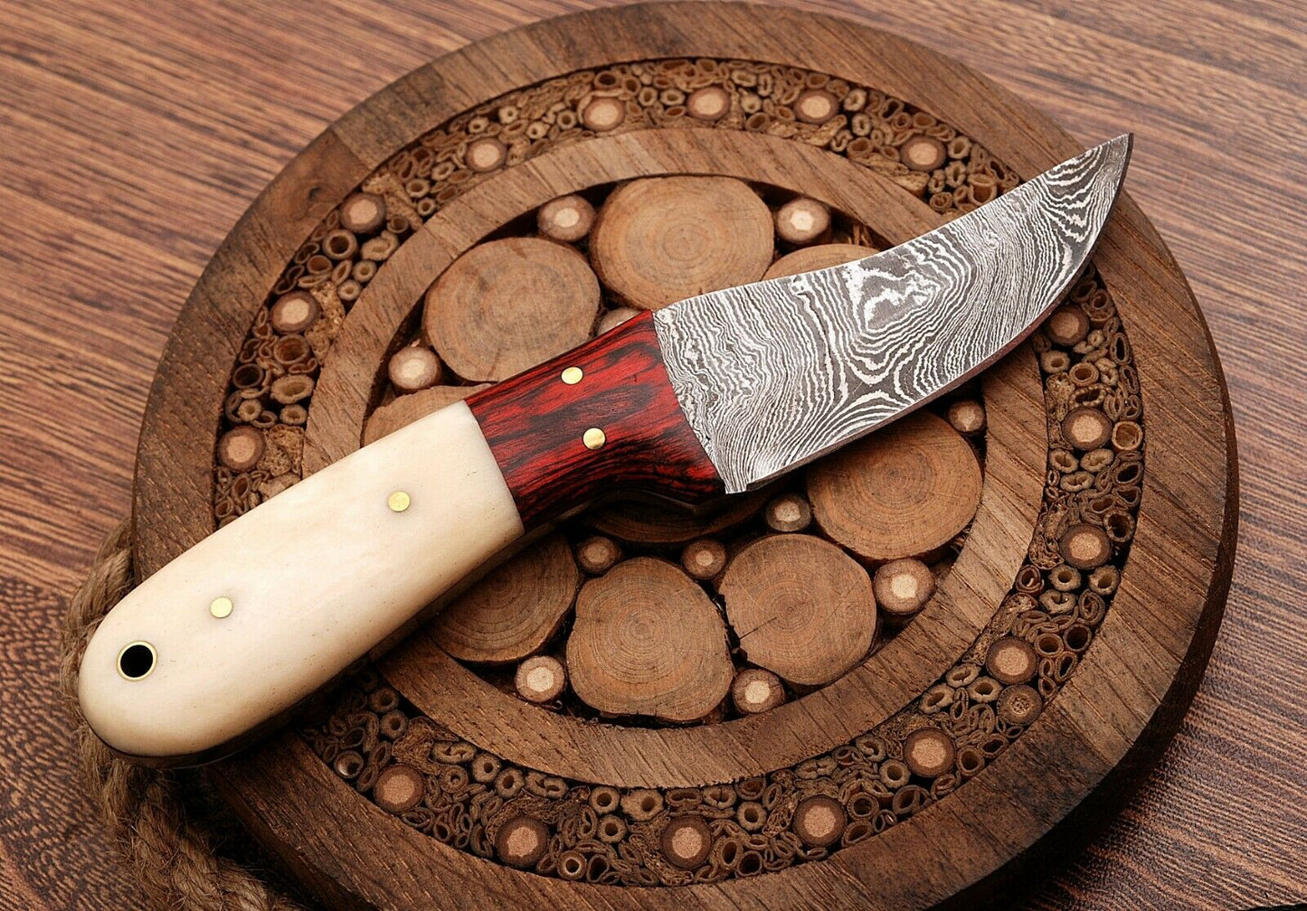 HS-758 Custom Handmade Damascus Steel Skinner Knife 6.0 inch Overall And Camel Bone+Hard Wood Handle