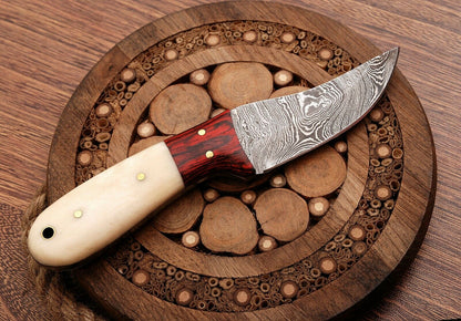 HS-758 Custom Handmade Damascus Steel Skinner Knife 6.0 inch Overall And Camel Bone+Hard Wood Handle