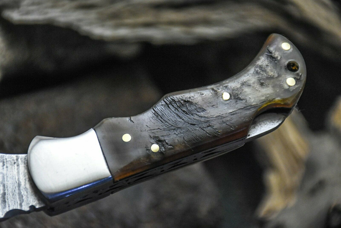 HS-1116 "  CUSTOM HANDMADE DAMASCUS STEEL BLADE FOLDING KNIFE RAM HORN