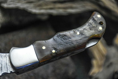 HS-1116 "  CUSTOM HANDMADE DAMASCUS STEEL BLADE FOLDING KNIFE RAM HORN