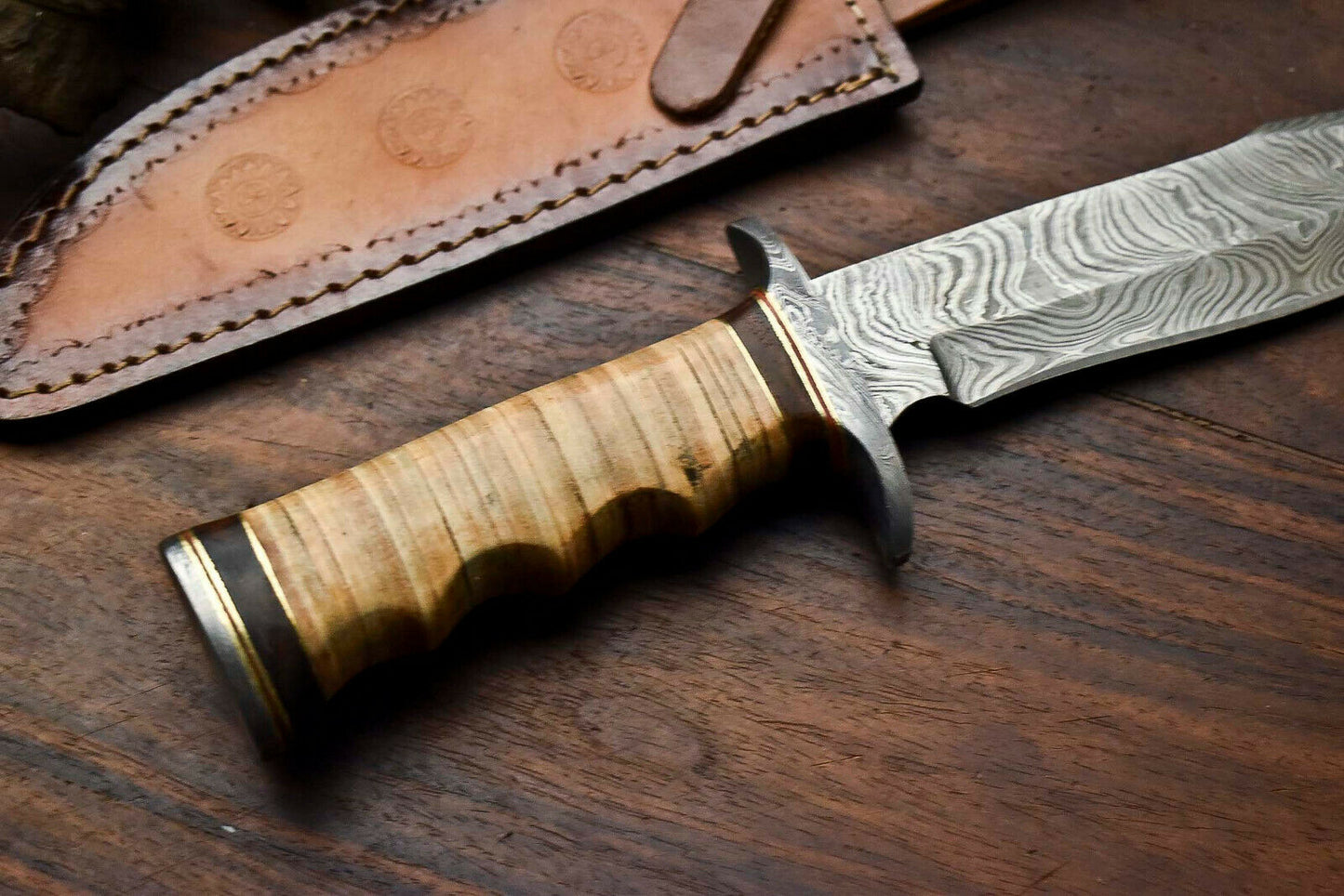 HS-331 | Custom Handmade Damascus Steel Hunitng/Bowie Knife - Leather Handle