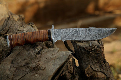 HS-366 '' 12", Damascus Steel Knife, Exotic Rosewood & Stacked Leather handle with pouch.