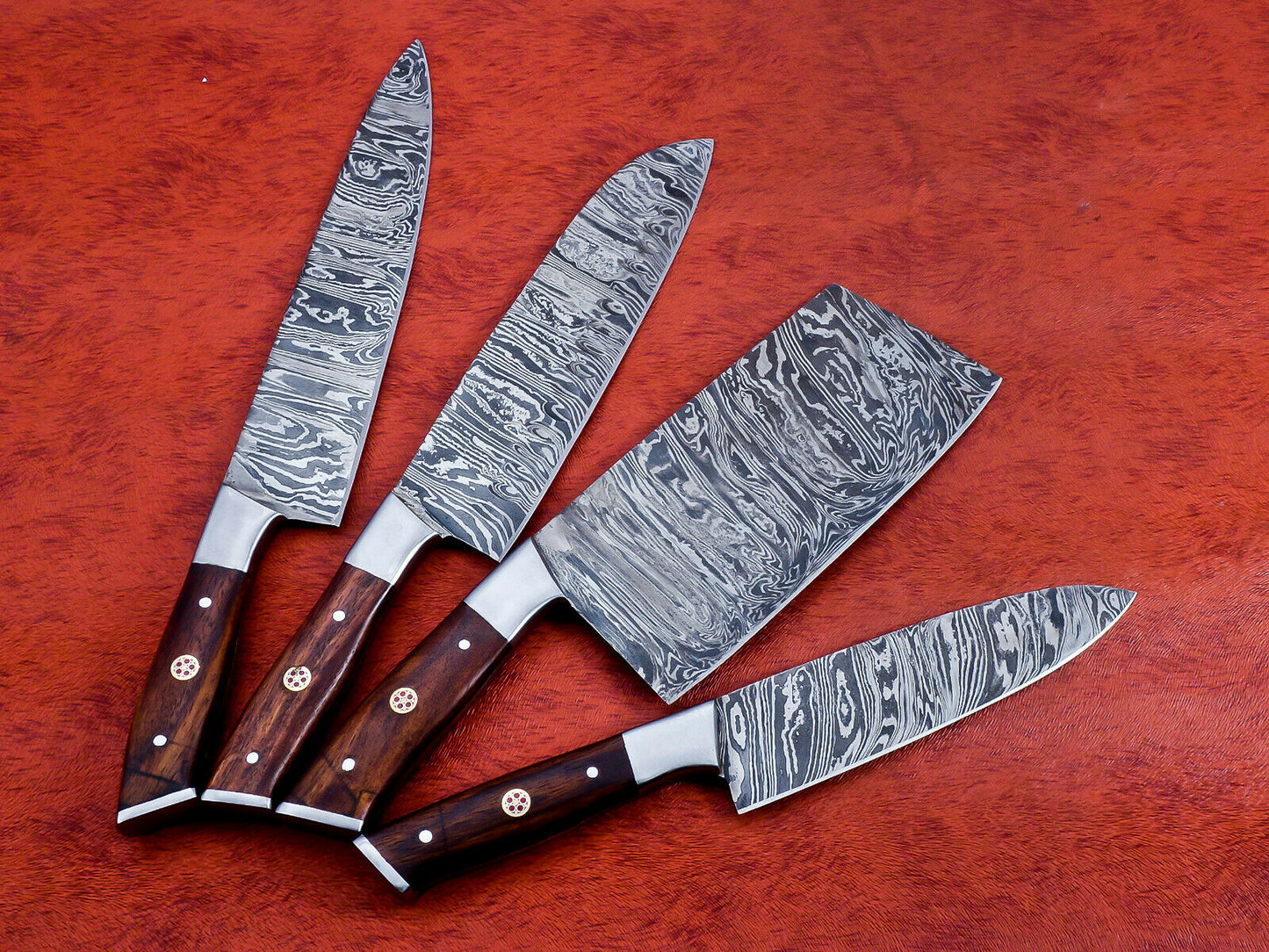 HS-141 Custom Handmade Damascus Steel Full Tang 4 Piece Chef Set with Wood Handle