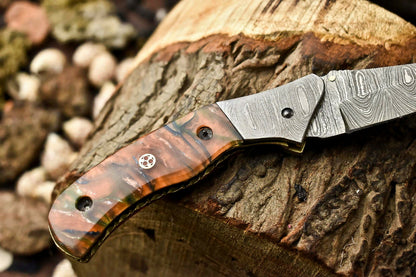 |Custom Handmade Damascus Steel Pocket Folding Knife - Beautiful Resin Handle