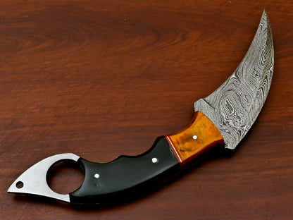 HS-884 HANDMADE DAMASCUS CUSTOM PAKKA WOOD KARAMBIT HUNTING KNIFE