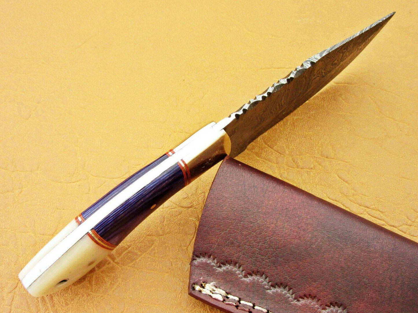 HS 769 Custom Handmade Damascus Skinner Knife With Hard Wood And Camel Bone