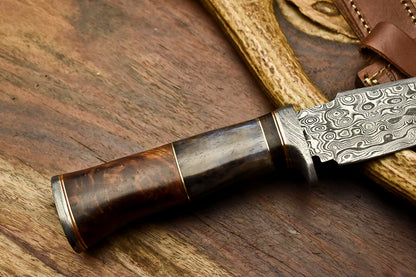 HS-404 | Custom Handmade Awesome Camel Bone/Walunt Wood Handle Damascus Steel Hunting Knife - Great Price