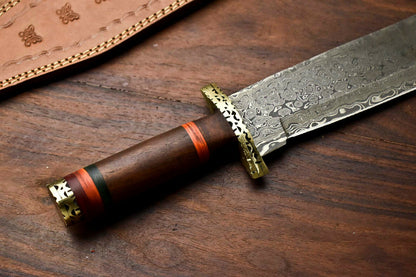 HS-411 | Custom Handmade Damascus Steel Hunting/Bowie Knife - Wood Handle