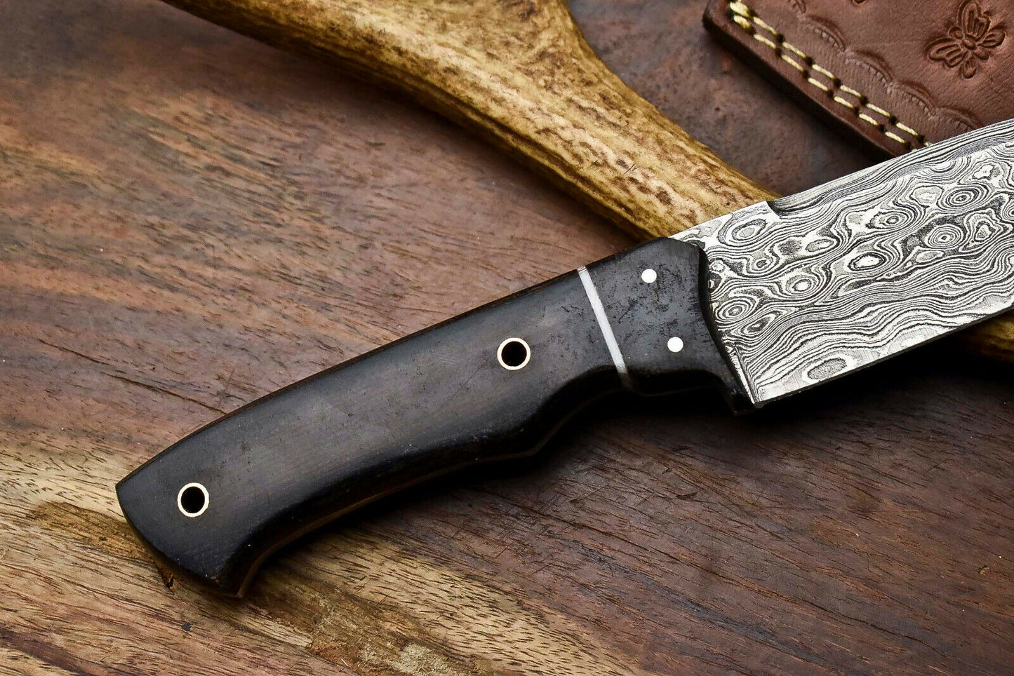 HS-402 | Custom Handmade Awesome Black Sheet Handle Damascus Steel Hunting Knife - Great Price