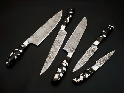 HS-100 Handmade Damascus Steel Chef Knife Set – Full Tang, 288 Layers, Leather Sheath