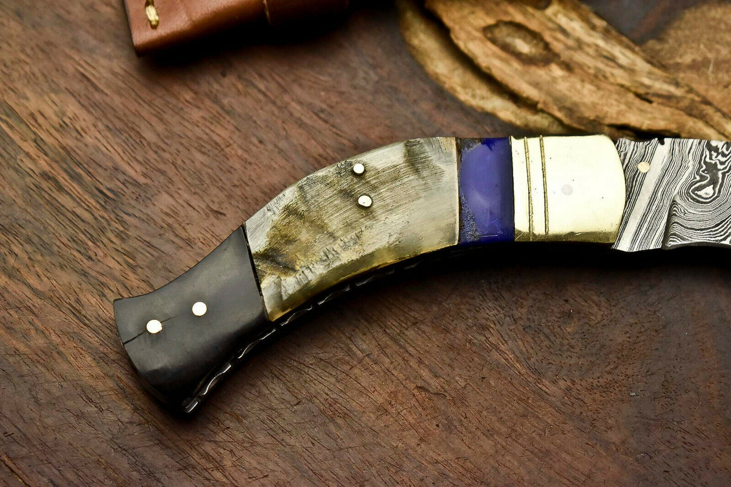 Custom Handmade Damascus Steel Blade Liner-Lock Pocket Folding Knife| Ram Horn