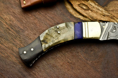 Custom Handmade Damascus Steel Blade Liner-Lock Pocket Folding Knife| Ram Horn