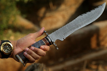 HS-309 '' Damascus Steel Hunting Bowie Knife 15" Walnut Wood And Bone Handle