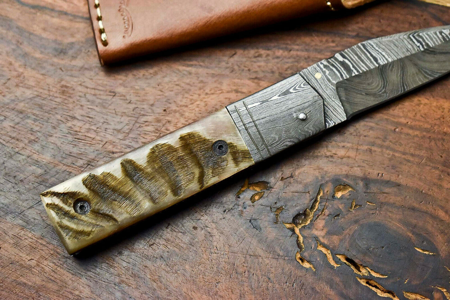 Custom Handmade Damascus Steel Blade Liner-Lock Pocket Folding Knife| Ram Horn