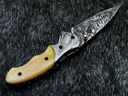 Damascus Liner Lock Folding Knife – Camel Bone | Twist Blade | HS-1124