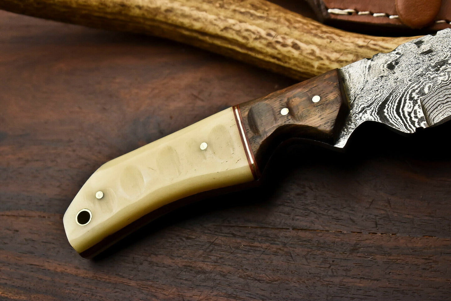 HS-414 | Custom Handmade Damascus Steel Hunting Knife - Wood & Camel Bone Handle