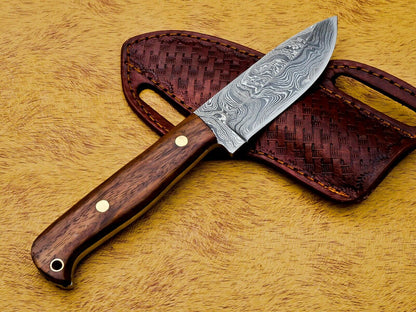 HS-585 CUSTOM DAMASCUS STEEL HUNTING/BOWIE/DAGGER KNIFE HANDLE ROSE WOOD WITH SHEATH