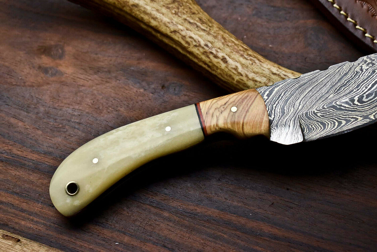 HS-720  Custom Handmade Camel Bone & Wood Handle Damascus Steel Skinner Knife - Great Price