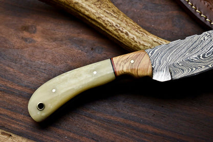 HS-720  Custom Handmade Camel Bone & Wood Handle Damascus Steel Skinner Knife - Great Price