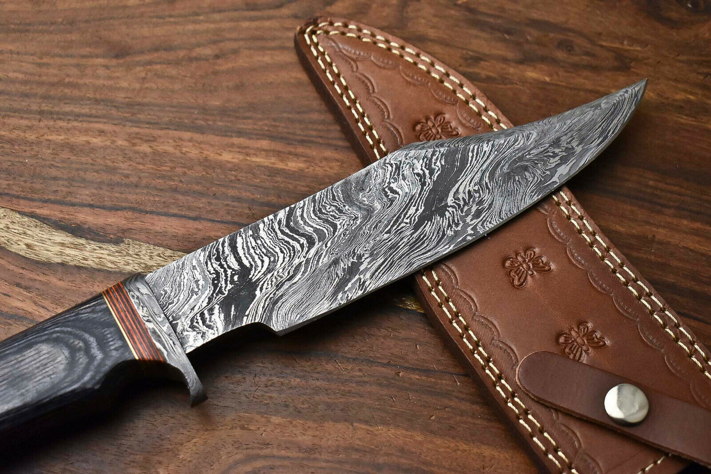 HS-317 Custom Hand Made Damascus Steel Blade Bowie Hunting Knife | HARD WOOD
